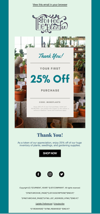 An example of an email designed in the new builder with a promo code for 25 percent off