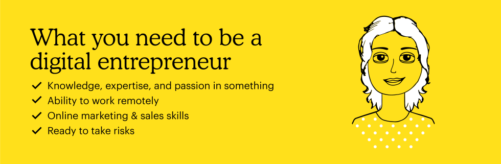 Digital entrepreneur skills: knowledge, expertise, and passion in something, ability to work remotely, online marketing & sales skills, and ready to take risks