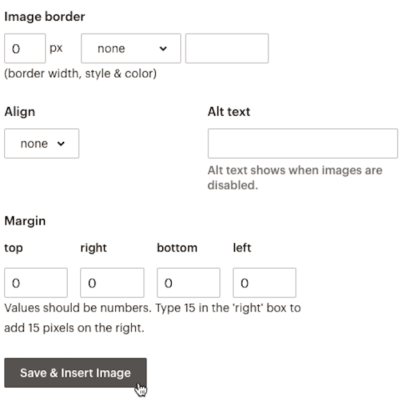 Volet d'édition correspondant à une image dans un bloc de contenu texte, avec le curseur sur le bouton Save & Insert Image (Enregistrer et insérer l'image).