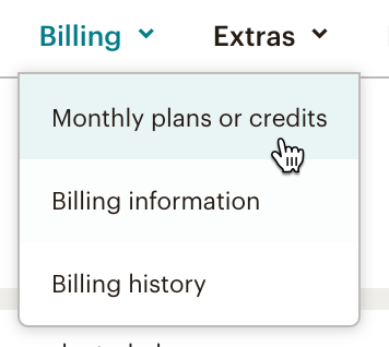 O cursor clica em Billing Monthly plans Cobrança de planos mensais) ou Credits (Créditos)