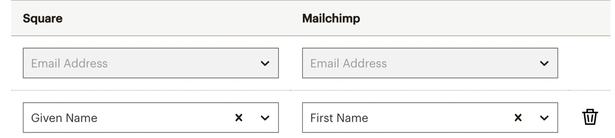 Tela exibindo campos mapeados entre Square e Mailchimp