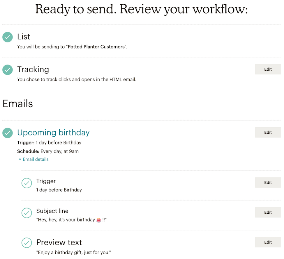 A screenshot of the confirmation checklist for an automated birthday email that's ready to go.