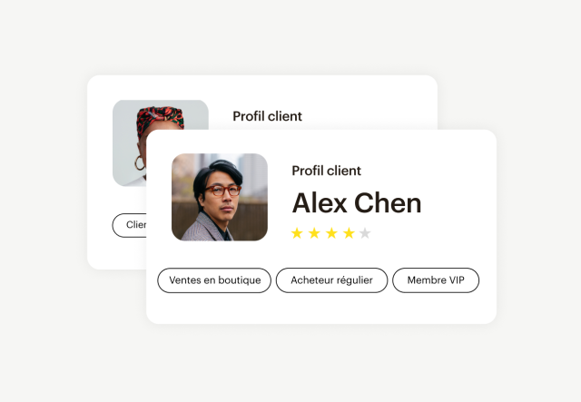 Une carte de profil client Mailchimp, indiquant son nom ainsi que les segments pertinents tels que "Acheteur régulier" et "Membre VIP".