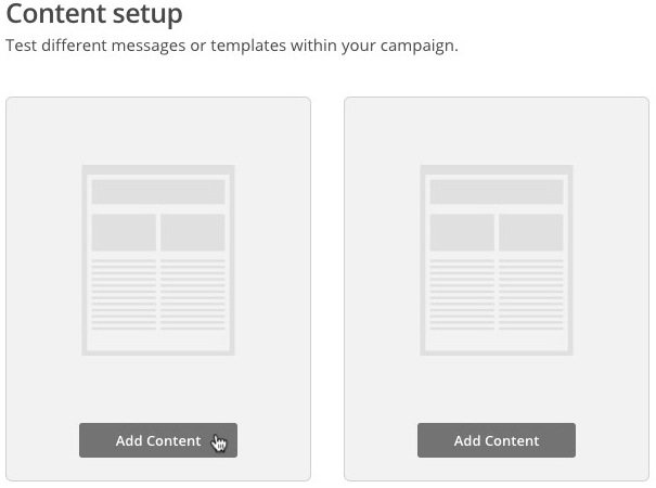 Pantalla de configuración de contenido con el cursor sobre añadir contenido a la primera variante.