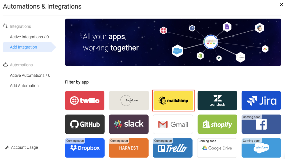 Open integrations section