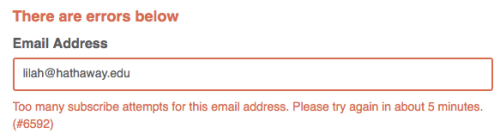 Screenshot of the "too many subscribe attempts" error on a signup form.