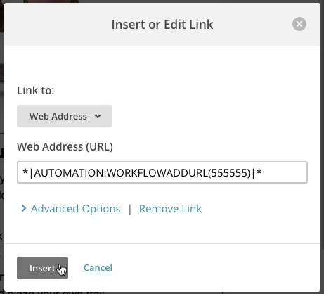 Fenêtre modale Insert and Edit Link (Insérer et modifier le lien) avec l'exemple de balise de fusion collée dans le champ Web Address (Adresse Web) et le curseur cliquant sur Insert (Insérer).