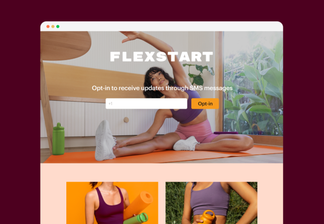 An embedded form on a landing page for a yoga brand. The page reads: "Opt-in to receive updates through SMS messages," with a button that says "Opt-in."