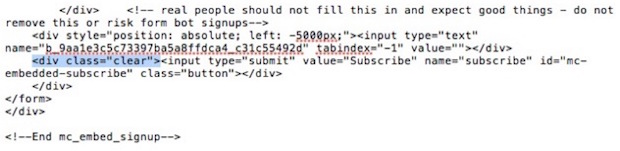 Example of embedded form code where class=clear appears