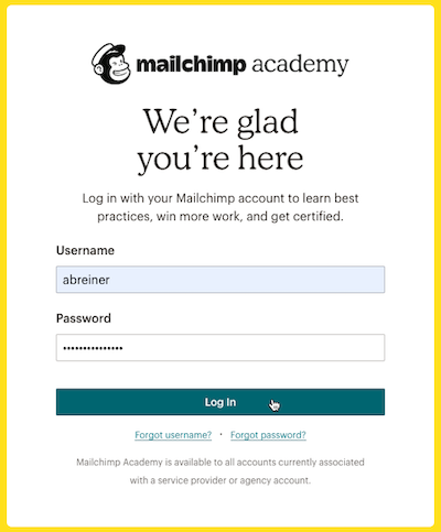 El cursor hace clic - Iniciar sesión - Mailchimp Academy