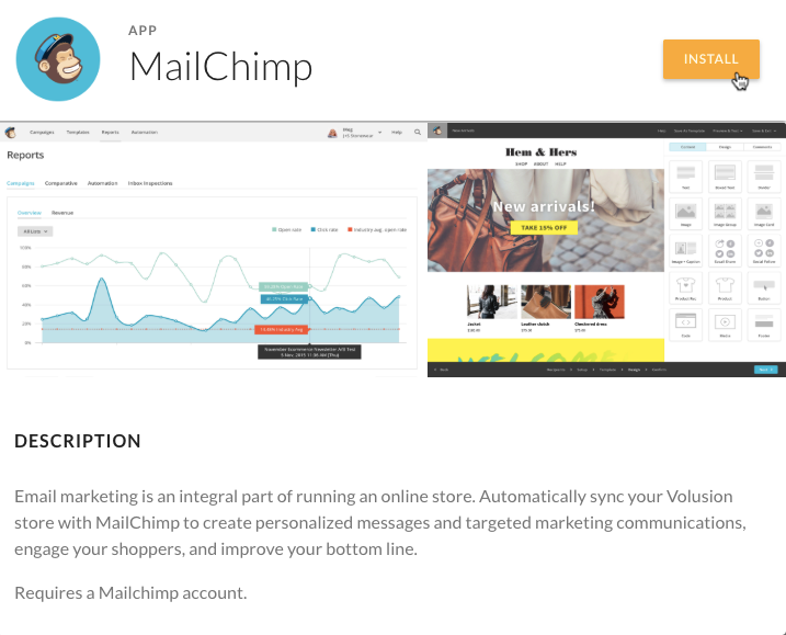 Instalar Mailchimp para Volusion - clic del cursor en modal de la aplicación