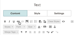 Screen of toolbar in a Text content block, with cursor clicking the Link icon.