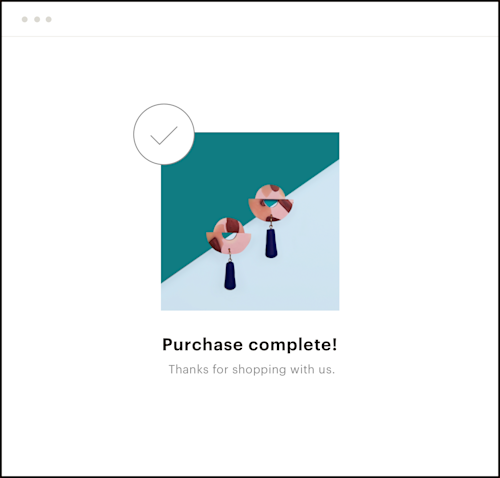 Image of a browser displaying "Purchase Complete!" for handcrafted earrings