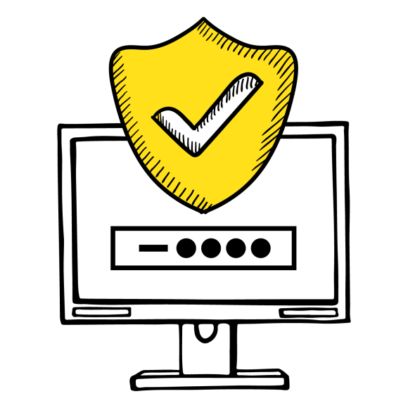 Graphic of a computer screen with a checkmark for security