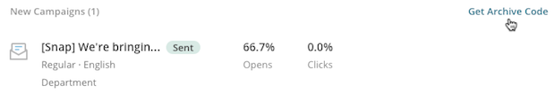 Folders drop-down menu on the Campaigns page with cursor over the link to the archive code.